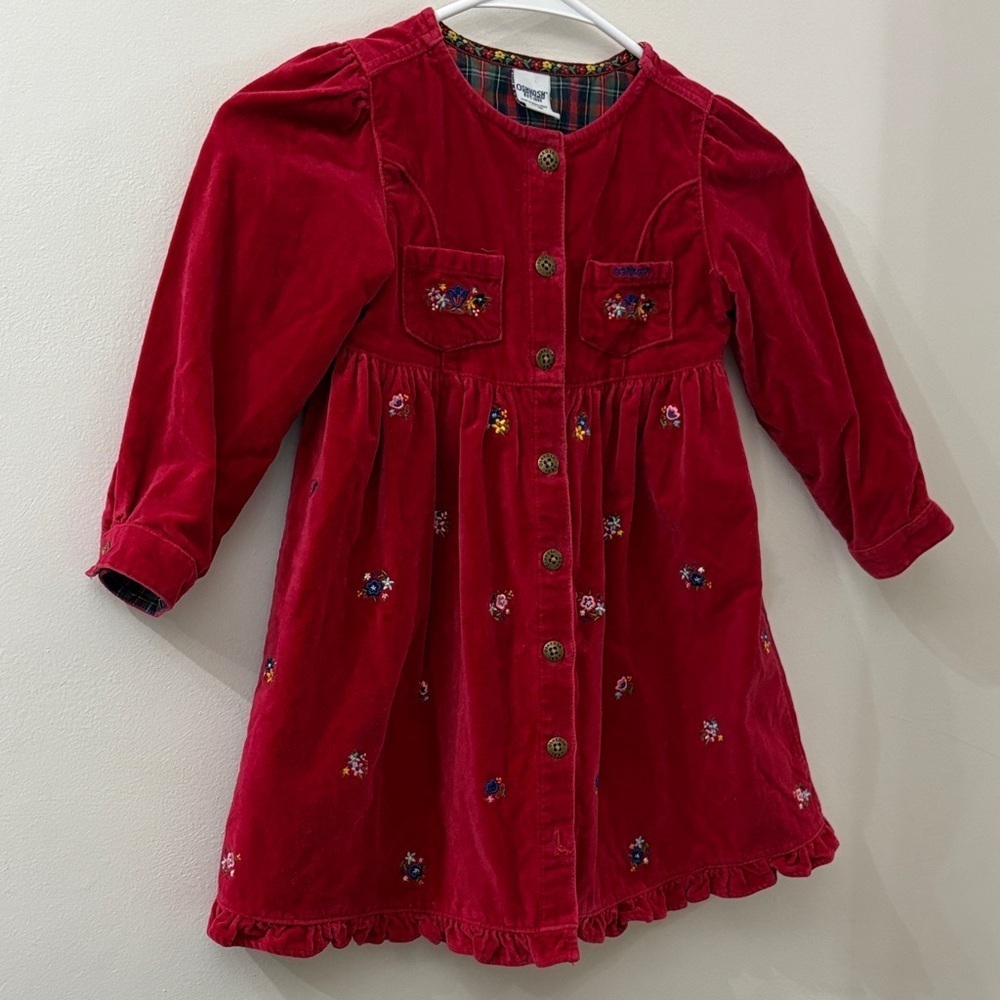 OshKosh B'gosh vintage Red Plaid velvet dress with Floral embroidery- girls 5